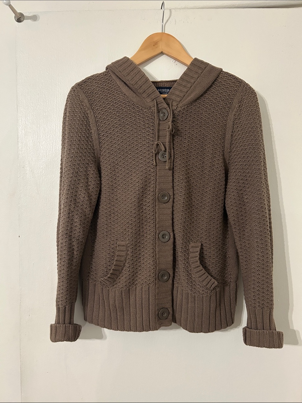 Hooded Taupe Brown Button-Up Knit Cardigan